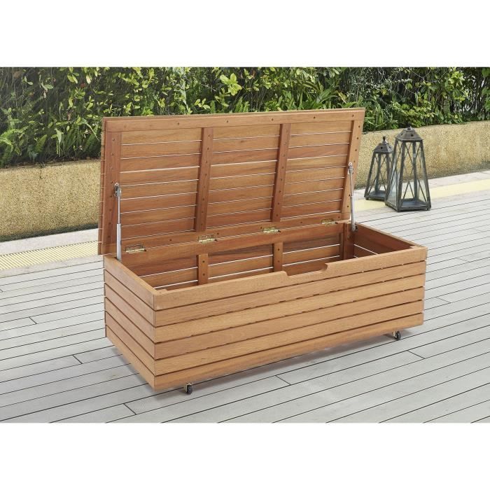 Cassapanca da giardino 190L in legno esotico di eucalipto FSC - 190 L - 48,5 x 109,5 x 37 cm - Con ruote - Effetto teak