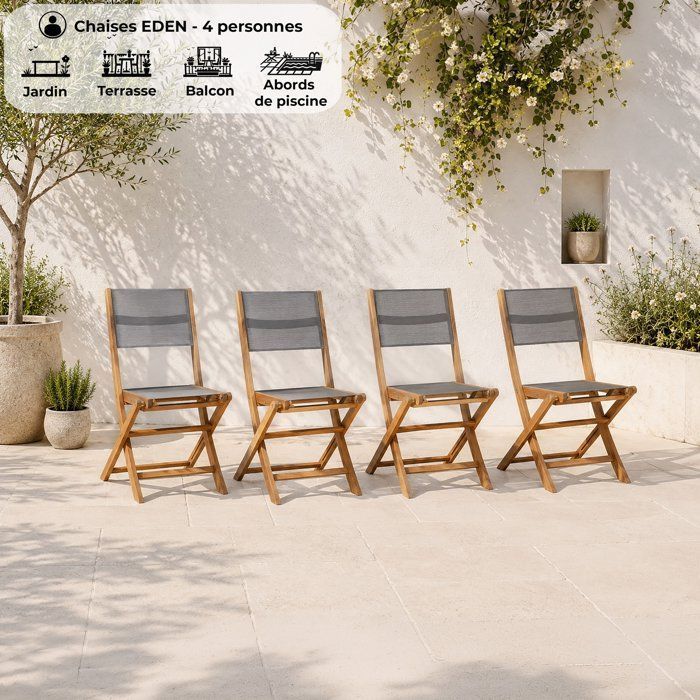 Set di 4 sedie da giardino in legno di acacia FSC e seduta in textilene - 50 x 57 x 90 cm - Grigio