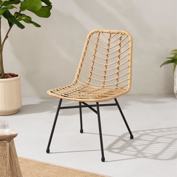 Set di 2 sedie da giardino - Simil rattan naturale - Struttura in acciaio - L63,5 x A 86 x P 48 cm