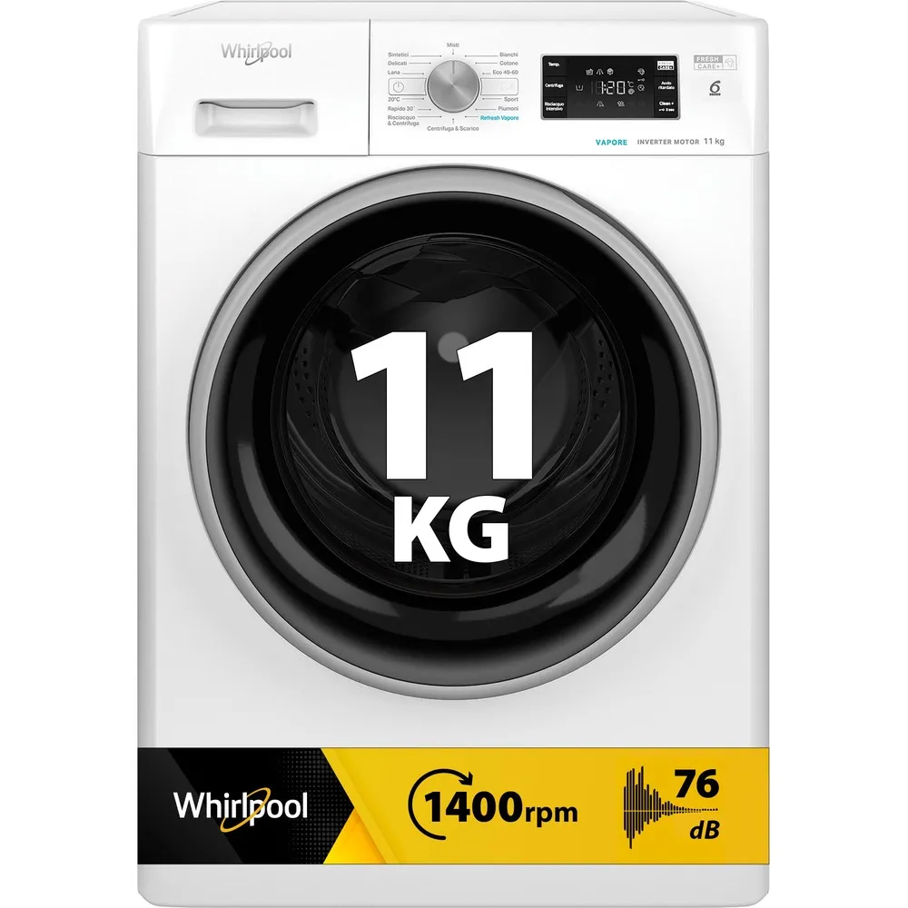 Lavatrice 11 kg Whirlpool  6° SENSO INVER/VAP A 1400GIRI FFB 1148 BSV IT
