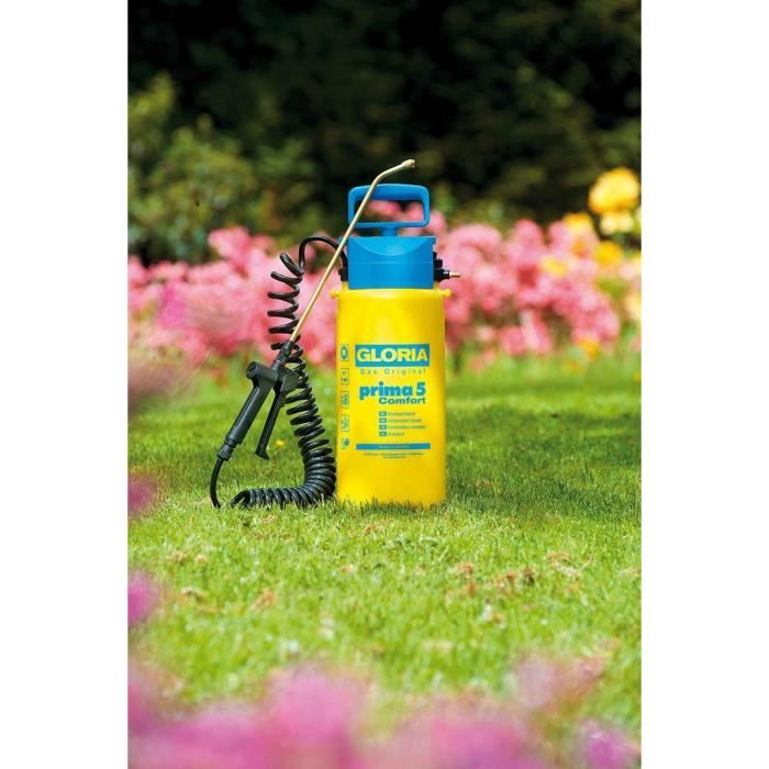 GLORIA - Prima 5 Comfort - Atomizzatore a pressione 5L con lancia e ugello in ottone e tubo spiralato 2m50