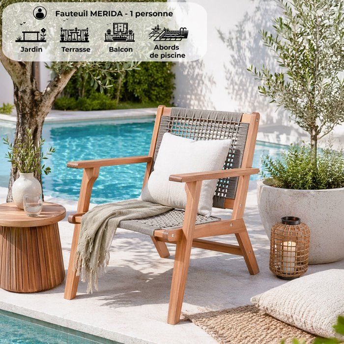 Poltroncina bassa in legno FSC Acacia e resina intrecciata - 1 persona - Merida - Verde oliva