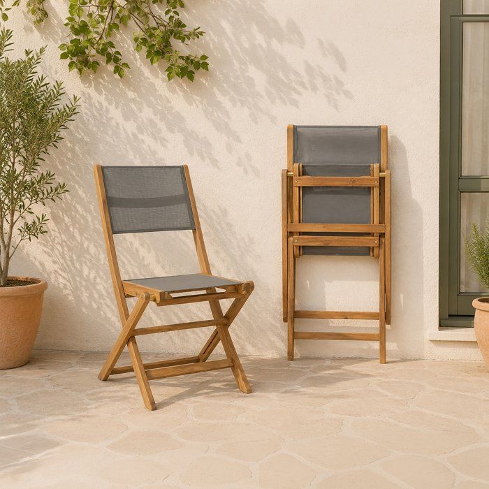 Set di 2 sedie in legno di acacia FSC e textilene - Grigio