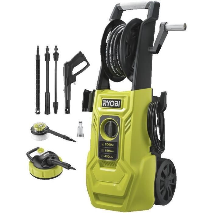 Cleaner ad alta pressione 2000 W 150 bar 450 L - 8M flessibile, bobina, serbatoio da 0,9 L, lance (vario -turbo), spazzola rotante