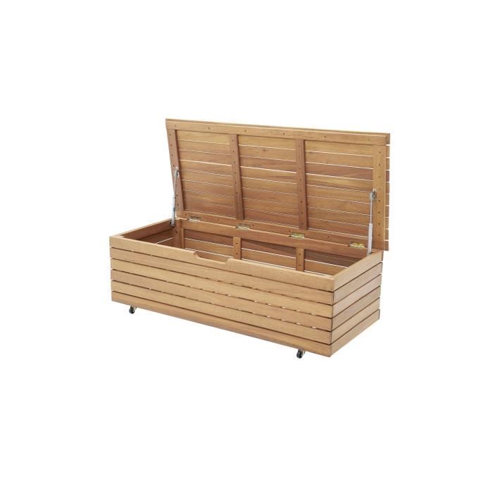 Cassapanca da giardino 190L in legno esotico di eucalipto FSC - 190 L - 48,5 x 109,5 x 37 cm - Con ruote - Effetto teak