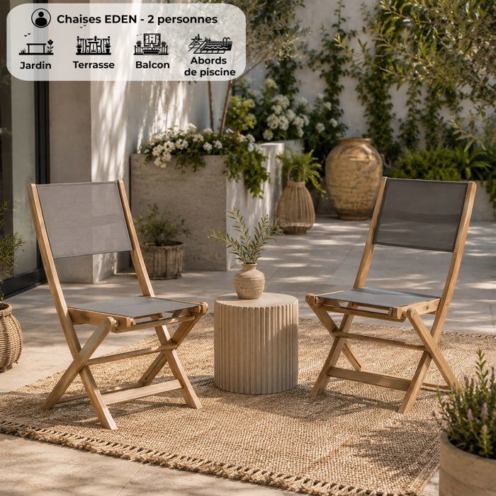 Set di 2 sedie in legno di acacia FSC e textilene - Grigio