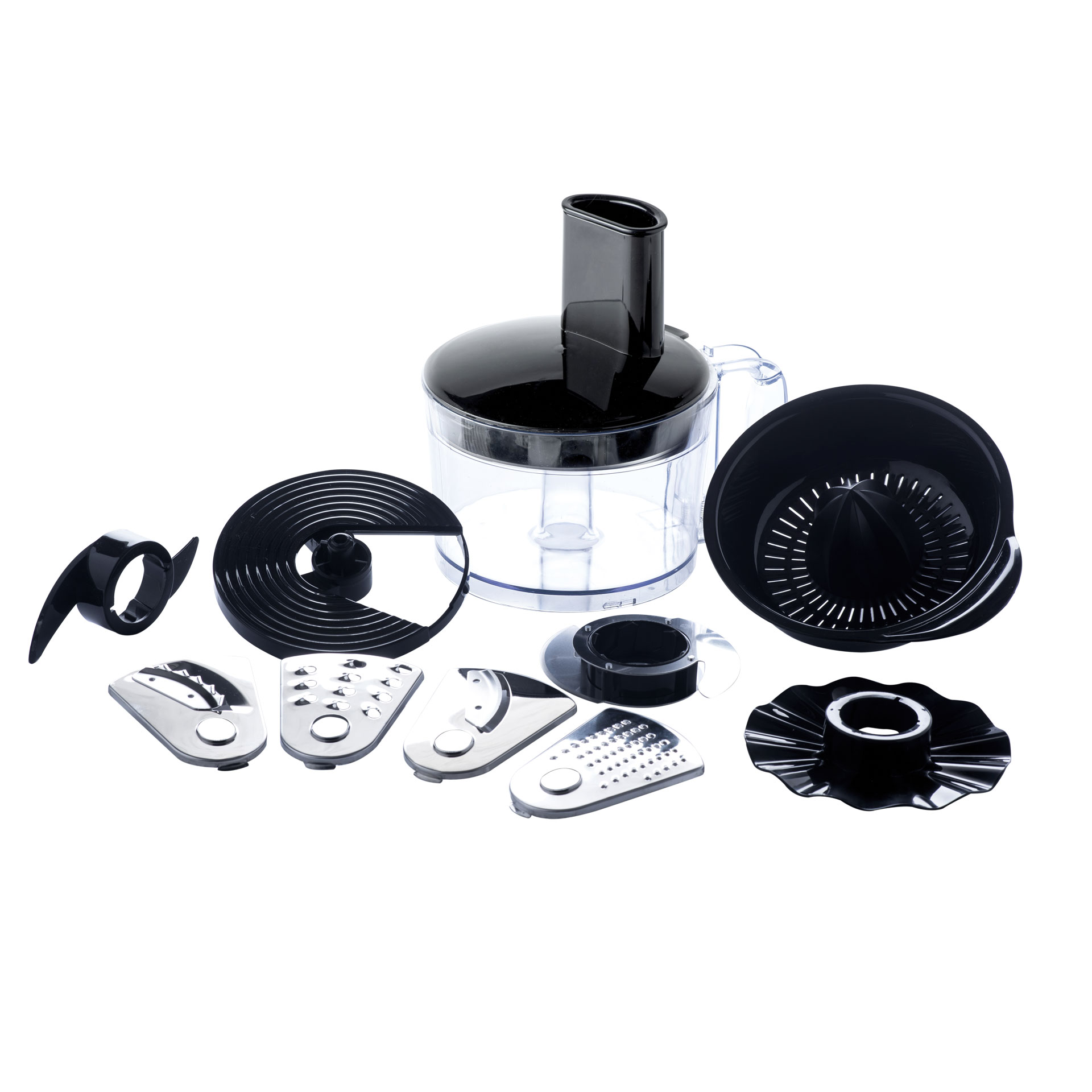 Set 10 accessori per Soup maker: recipiente con manico, set 4 lame per affettare, sminuzzare e grattugiare, sbattiuova, spremiagrumi, lama tritatutto, perno aggiuntivo, accessorio per impastare. - Evviva