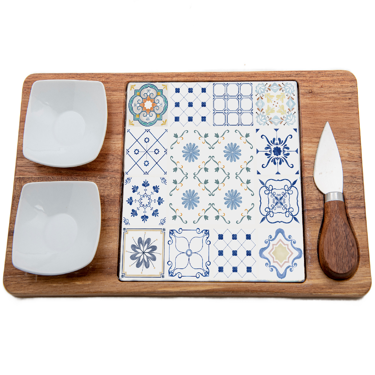Set formaggio (base in legno con inserto in ceramica, 2 ciotole in ceramica e 1 coltello in acciaio con manico in legno) 30 x 17 cm - Maiolica