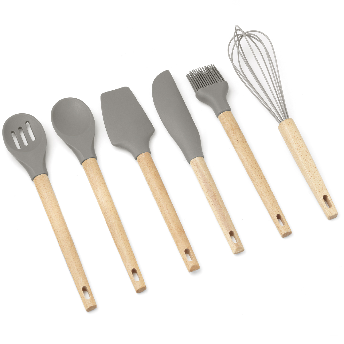 Set 6 utensili pasticceria in silicone con manico in legno di faggio (2 spatole, 2 cucchiai, frusta e pennello) - Forest