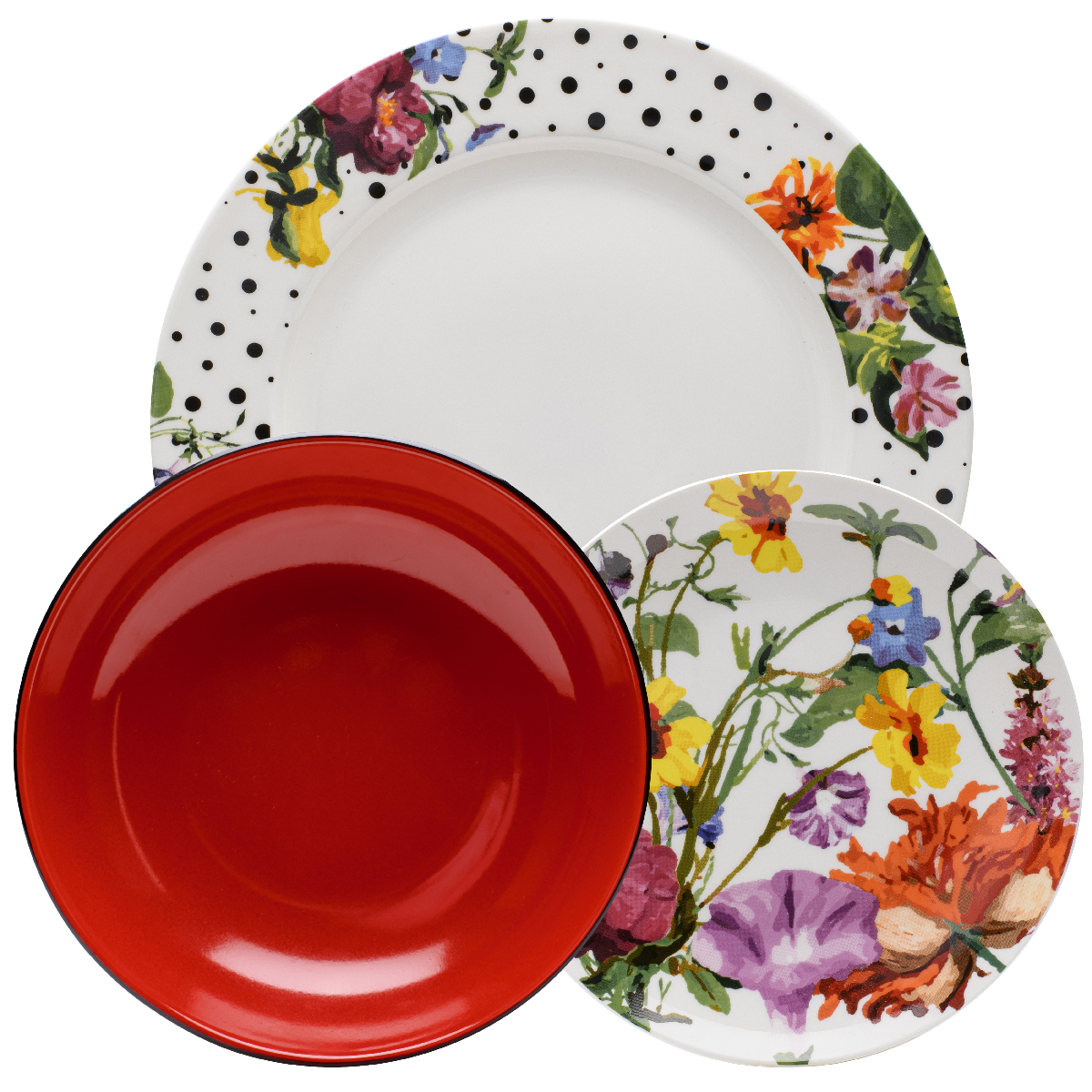 Servizio tavola porcellana 18 pz (6 piatti piani, 6 piatti fondi in stoneware, 6 piatti frutta) Ø 27 cm, Ø 20 cm, Ø 19 cm - Flor