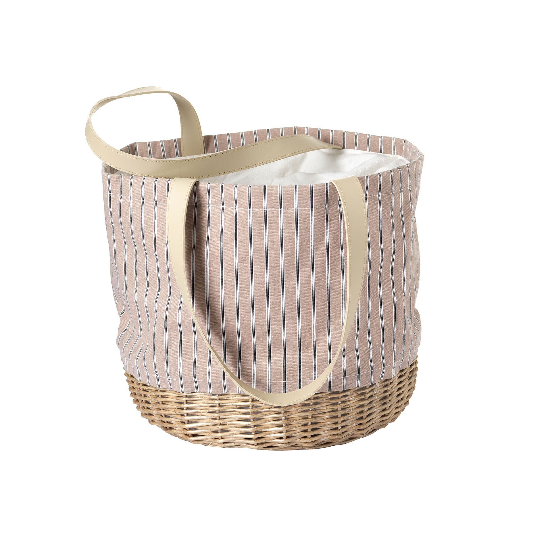 Borsa picnic. Esterno in tessuto rigato e fondo in vimini intrecciato con interno termico e chiusura con coulisse. 38 x 30 x h 30 cm - Subway