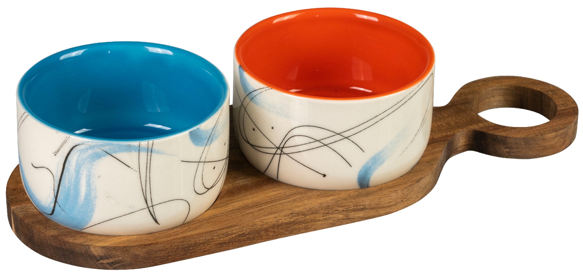 Set aperitivo composto da 2 ciotoline in ceramica ø 9 x h 5 cm e vassoio in acacia 27,5 x 9,5 cm - Stones
