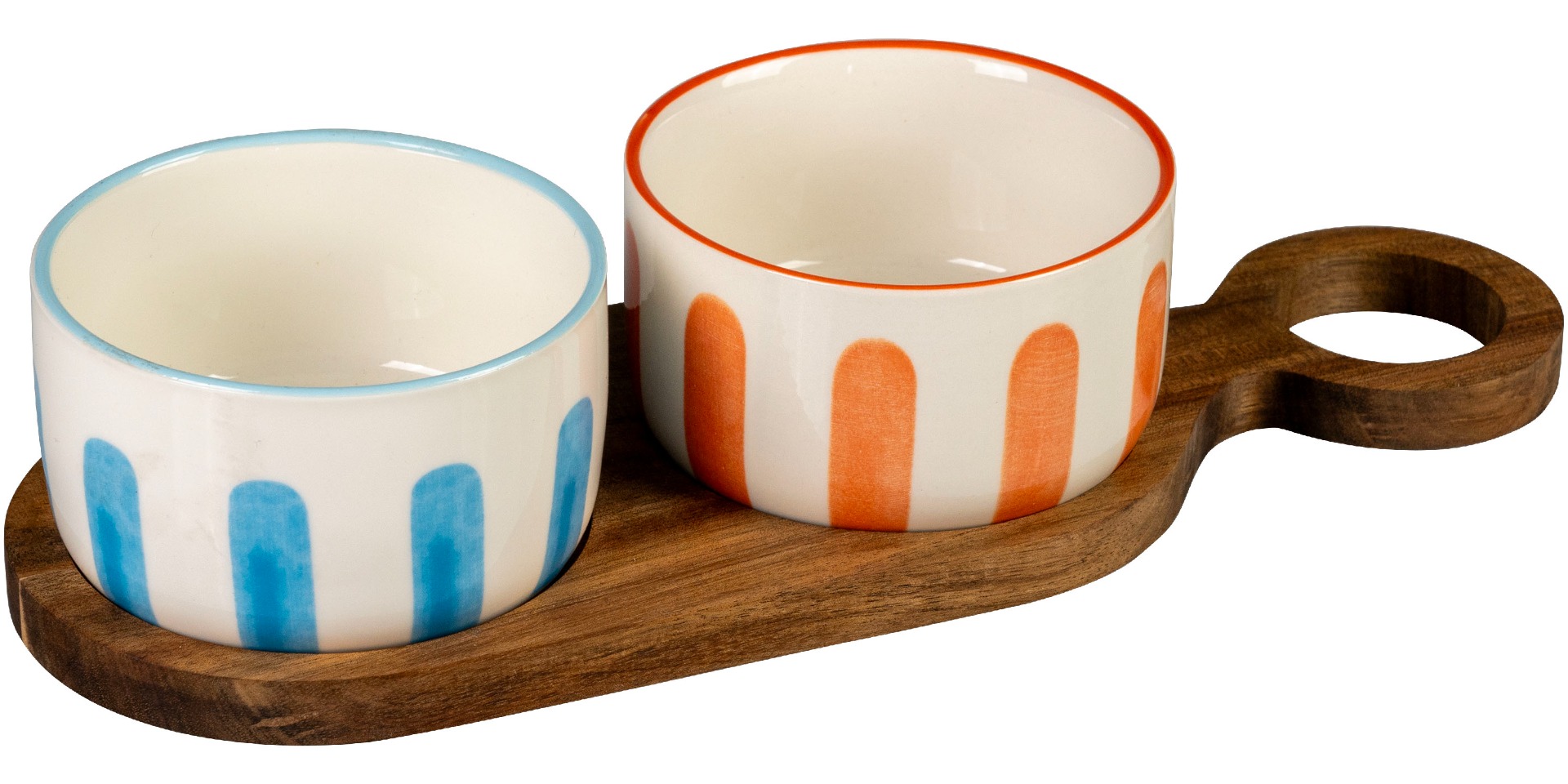 Set aperitivo composto da 2 ciotoline in ceramica bordo colorato ø 9 x h 5 cm e vassoio in acacia 27,5 x 9,5 cm - Stones
