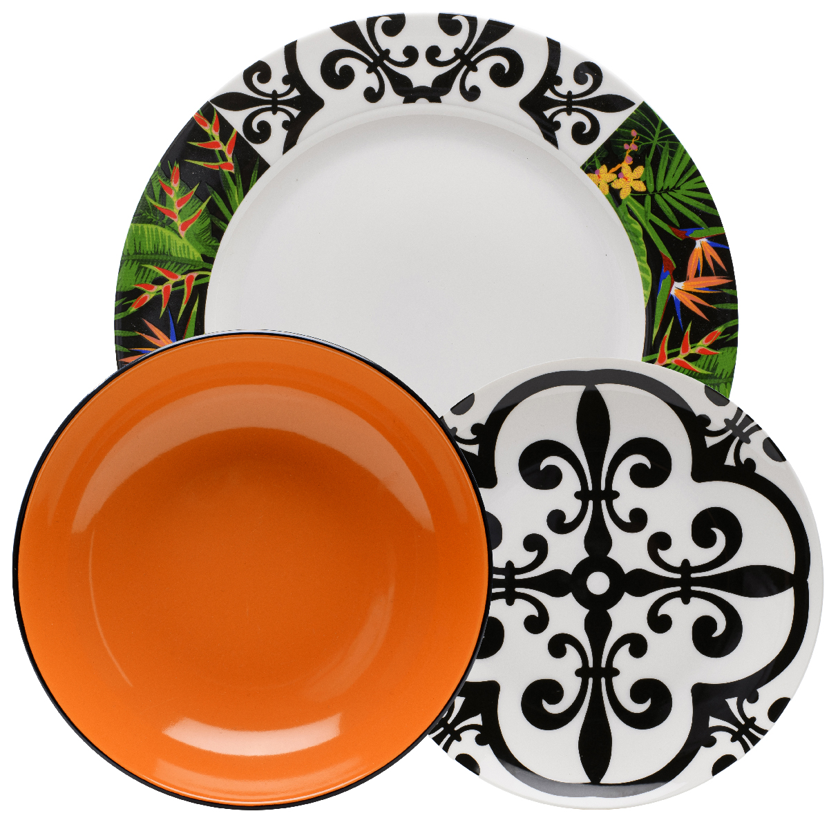 Servizio tavola porcellana 18 pz (6 piatti piani, 6 piatti fondi in stoneware, 6 piatti frutta) Ø 27 cm, Ø 20 cm, Ø 19 cm - Jungla