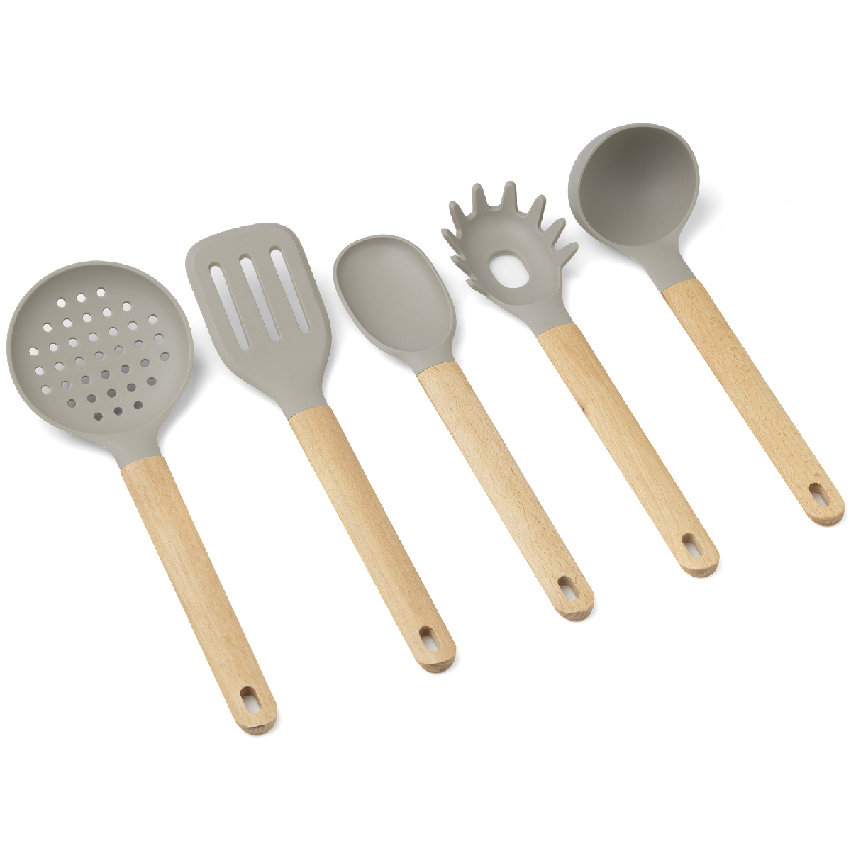 Set 5 utensili da cucina in silicone con manico in legno di faggio (pala, fritto, cucchiaio, servispaghetti, mestolo e schiumarola) - Forest