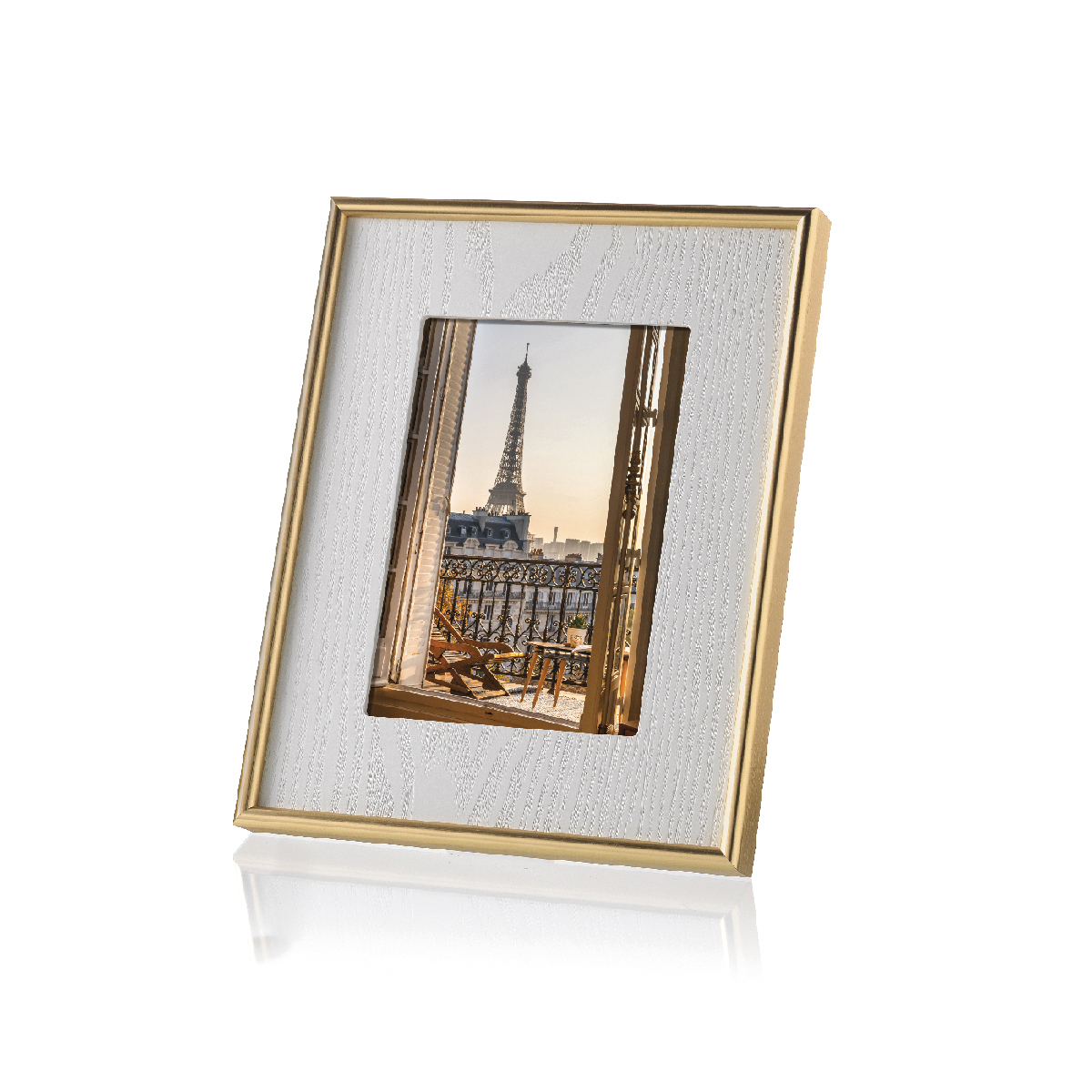 Porta foto legno bianco c/bordo oro - Cornici