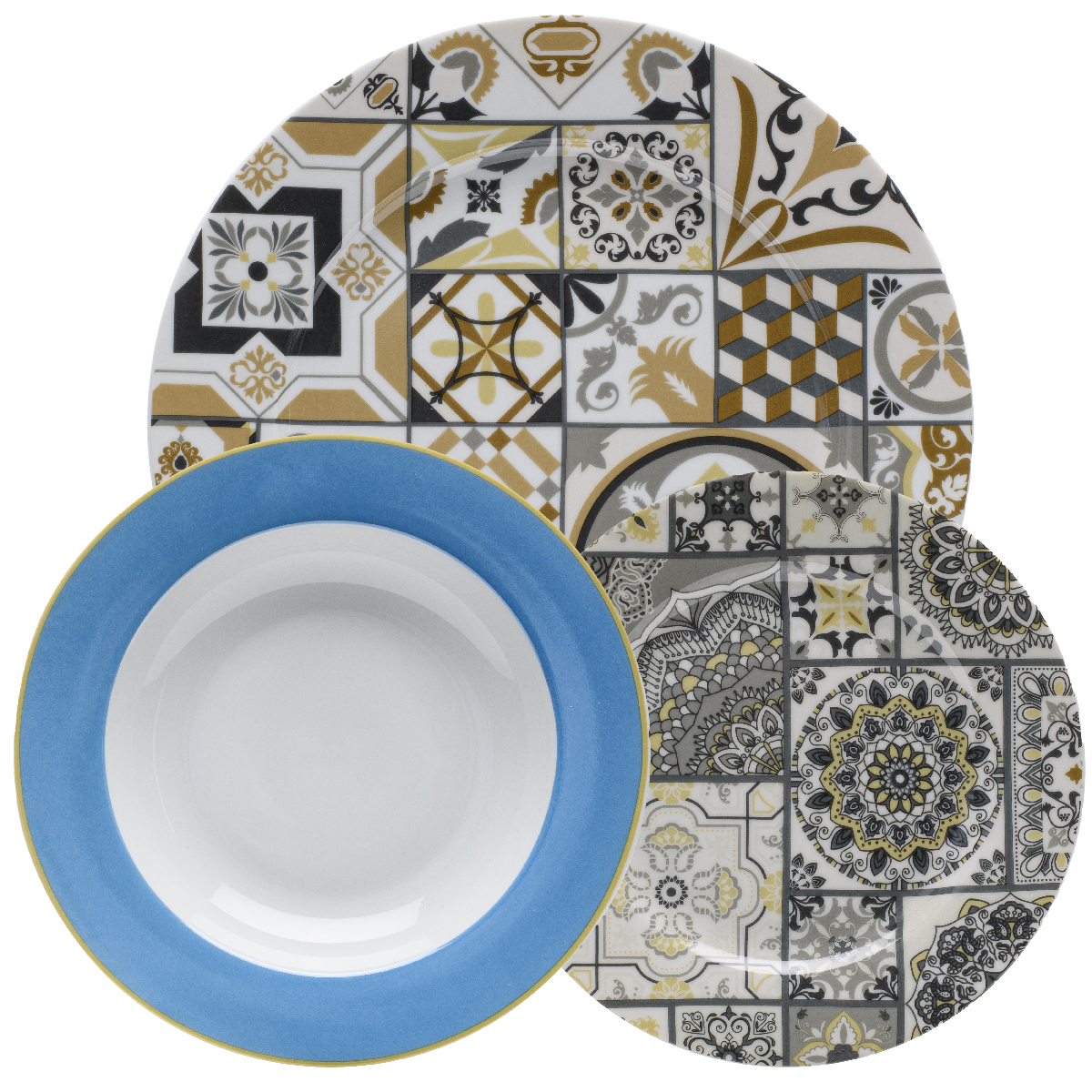 Servizio tavola 18 pz (6 piatti piani, 6 fondi, 6 frutta) Ø 27 cm, Ø 21 cm, Ø 19 cm - Ostuni