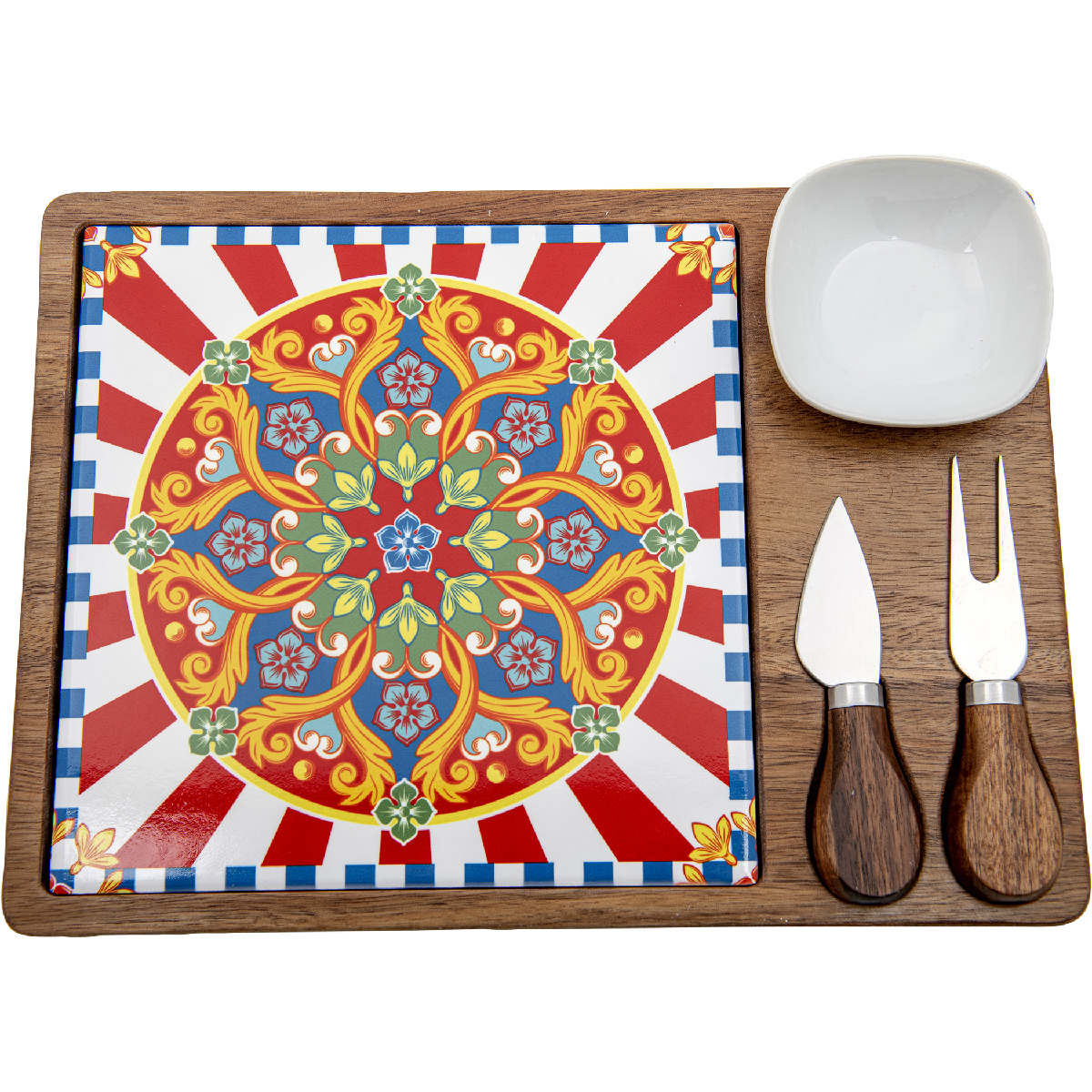 Set formaggio (base in legno con inserto in ceramica, 1 ciotola in ceramica e 2 coltelli in acciaio con manico in legno) 30 x 17 cm - Etna
