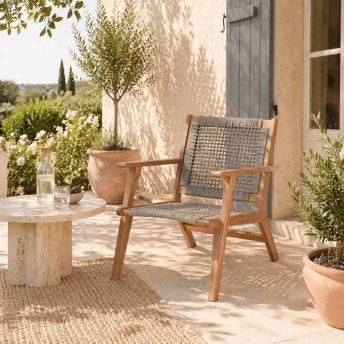 Poltroncina bassa in legno FSC Acacia e resina intrecciata - 1 persona - Merida - Verde oliva