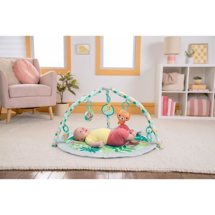 Tappetino da gioco pieghevole e convertibile BRIGHT STARTS per bambini - Foresta pluviale tropicale - con arco, giocattoli sensoriali e musicali e specchio