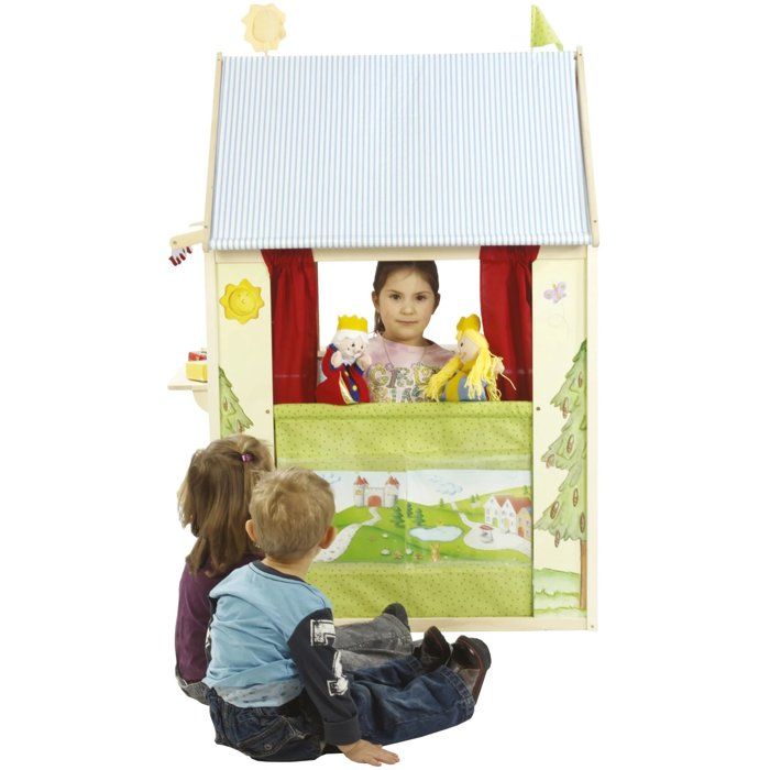 Casetta gioco 4 in 1 - ROBA - Legno - 4 lati: teatro delle marionette, negozio di alimentari, ufficio postale e banca - Giallo pastello/Verde
