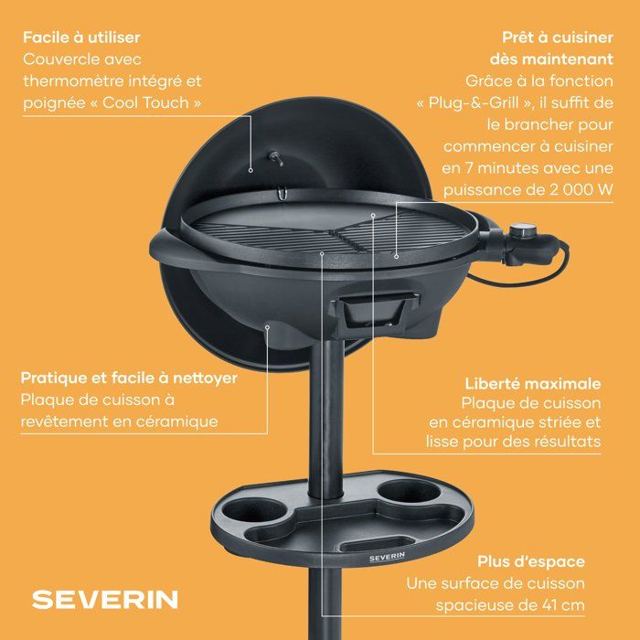 Barbecue elettrico con gambe - SEVERIN - PG8541 - 2000 W - Ampia superficie di cottura � 41 cm - Termostato regolabile - Nero opaco