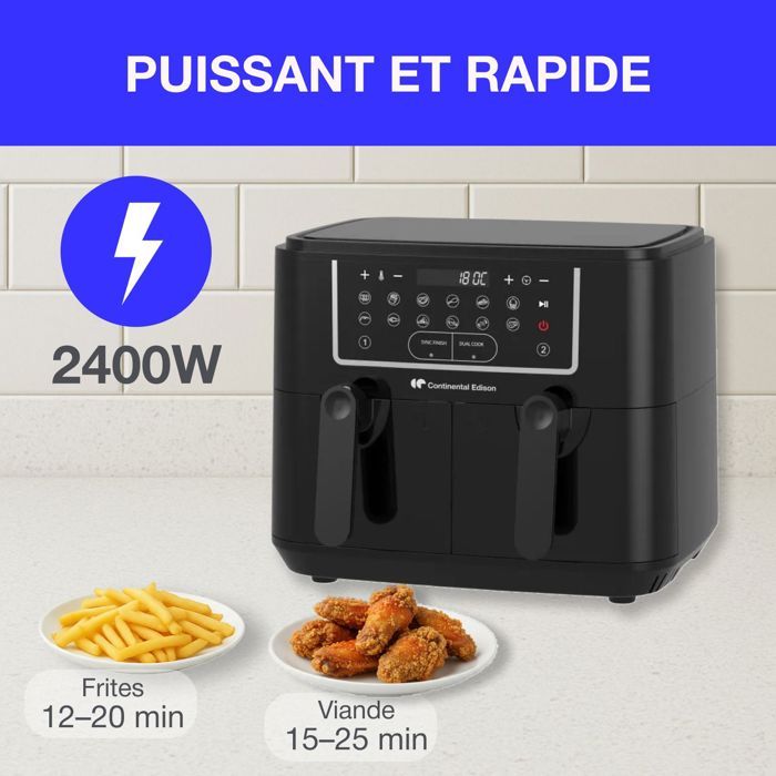 CONTINENTAL EDISON Friggitrice ad aria senza olio - RFRSH24002CB - 9 L - Doppi vassoi - 2400 W - Nero