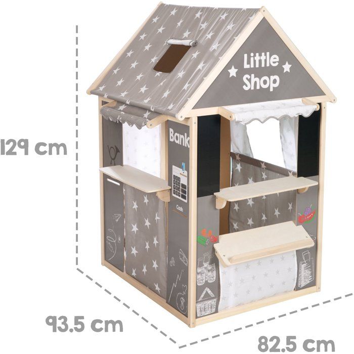 Casetta 4 in 1 - ROBA - Legno e tessuto - 4 lati: teatro, negozio di alimentari, ufficio postale/banca, chiosco con lavagna - Grigio