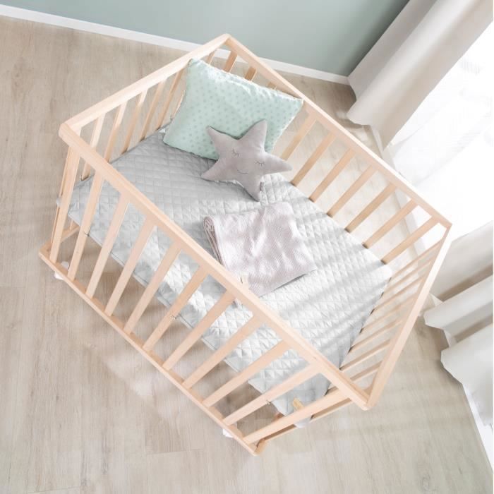 Box per bambini - ROBA - 75 x 100 cm - Materassino grigio 'Roba Style' incluso - Ruote - Legno naturale