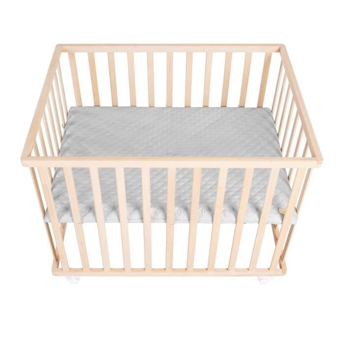 Box per bambini - ROBA - 75 x 100 cm - Materassino grigio 'Roba Style' incluso - Ruote - Legno naturale