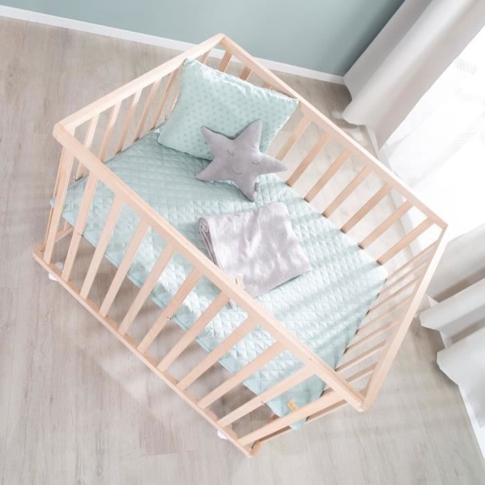 Box per bambini - ROBA - 75 x 100 cm - Include tappeto per box verde smerigliato 'Roba Style' - Ruote - Legno naturale