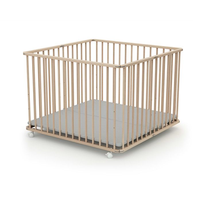 Box pieghevole quadrato - WEBABY - CALI - 100 x 100 cm - 4 ruote - Fino a 24 mesi - Faggio grezzo