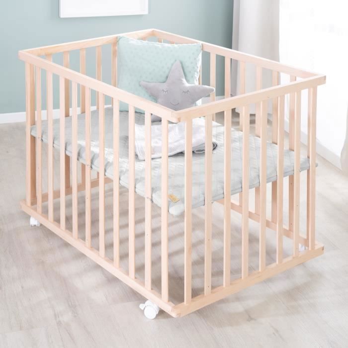 Box per bambini - ROBA - 75 x 100 cm - Materassino grigio 'Roba Style' incluso - Ruote - Legno naturale