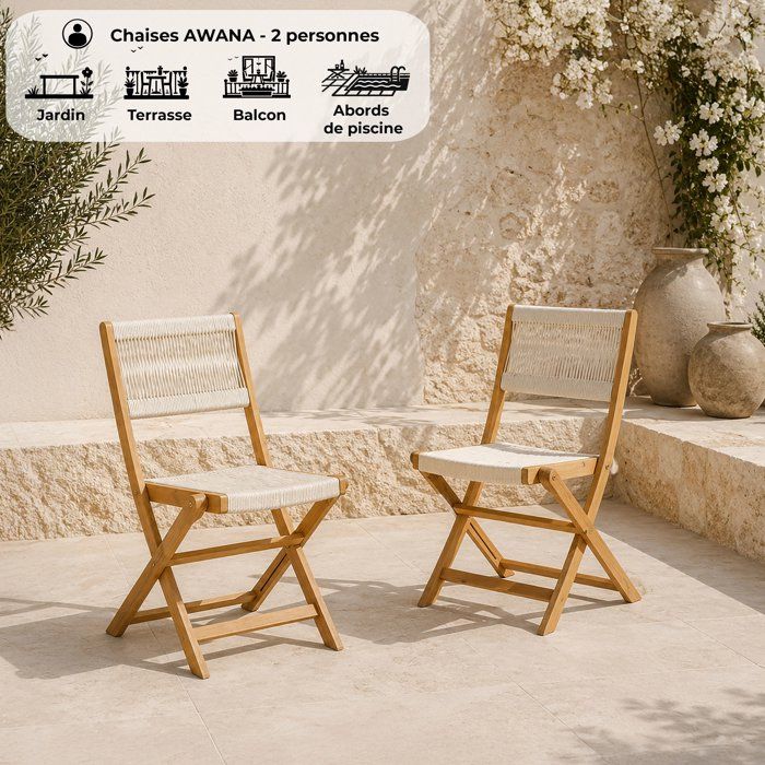 Set di 2 sedie pieghevoli da giardino - AWANA - Legno di acacia certificato FSC - Corda intrecciata - 52 x 48 x 85 cm