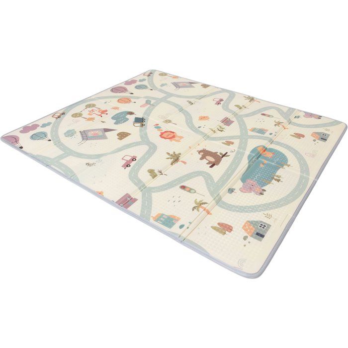 Maxi tappeto gioco - TINEO - Reversibile - 150 x 180 cm - Animali da un lato / Pista macchinine dall'altro