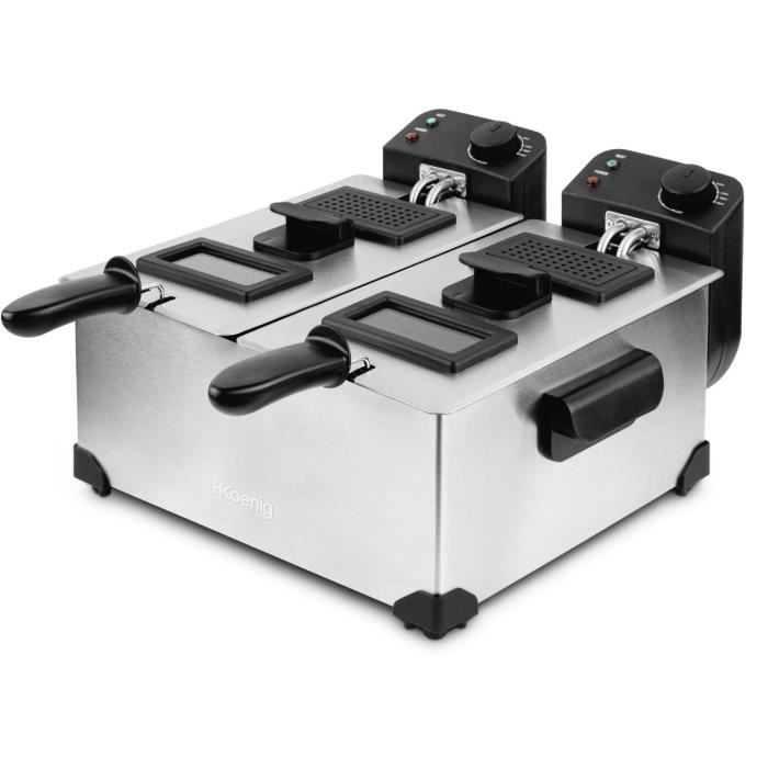 HKoeNIG DFX600 - Friggitrice doppia 2x3L - 3600W - 2 termostati indipendenti - Cestelli estraibili - Filtri antiodore - Acciaio
