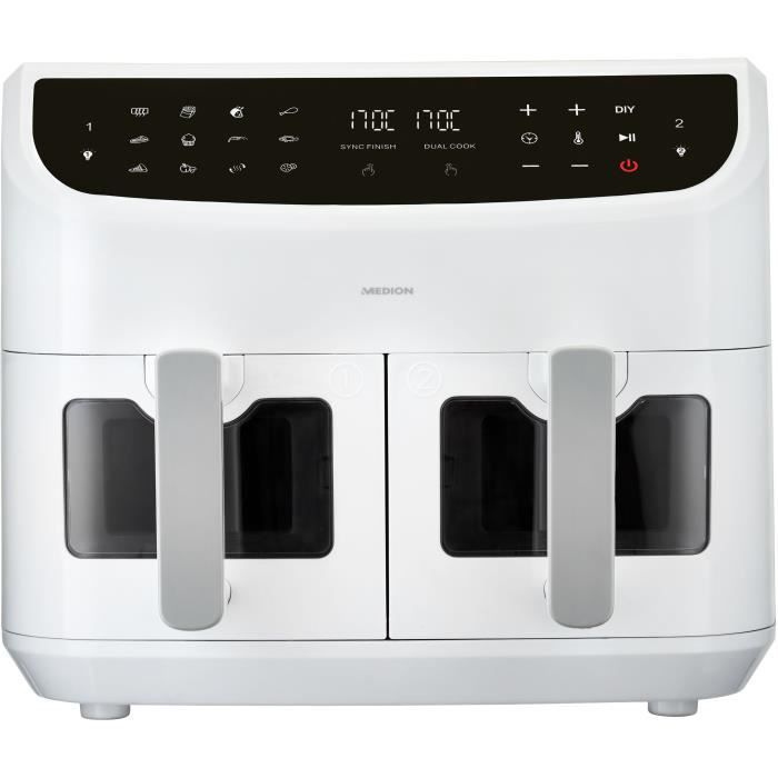 Friggitrice ad Aria Calda - MEDION - P20 XXL Twin - 2600 W - 2 cestelli - 9 programmi - Bianca