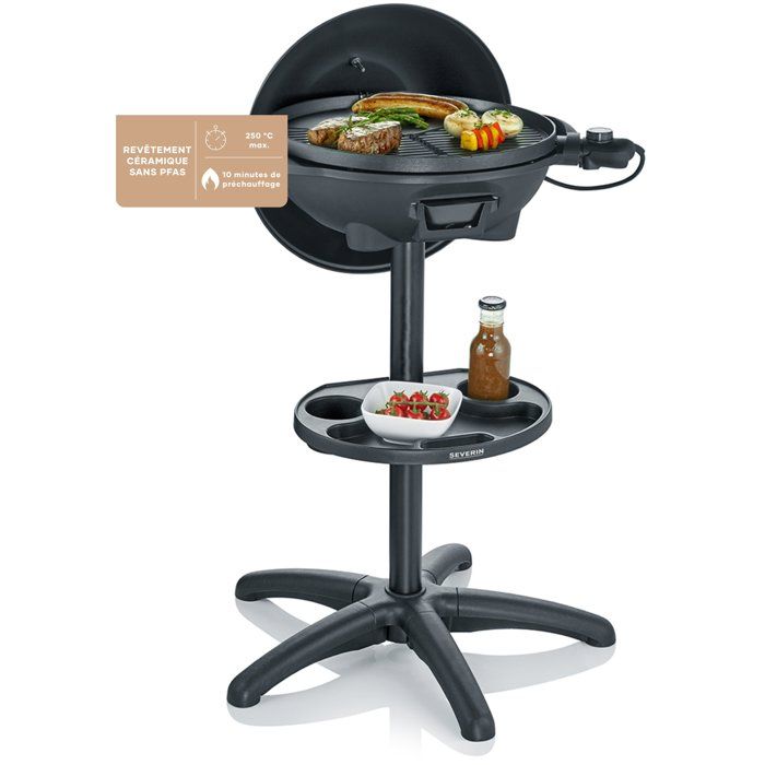 Barbecue elettrico con gambe - SEVERIN - PG8541 - 2000 W - Ampia superficie di cottura � 41 cm - Termostato regolabile - Nero opaco