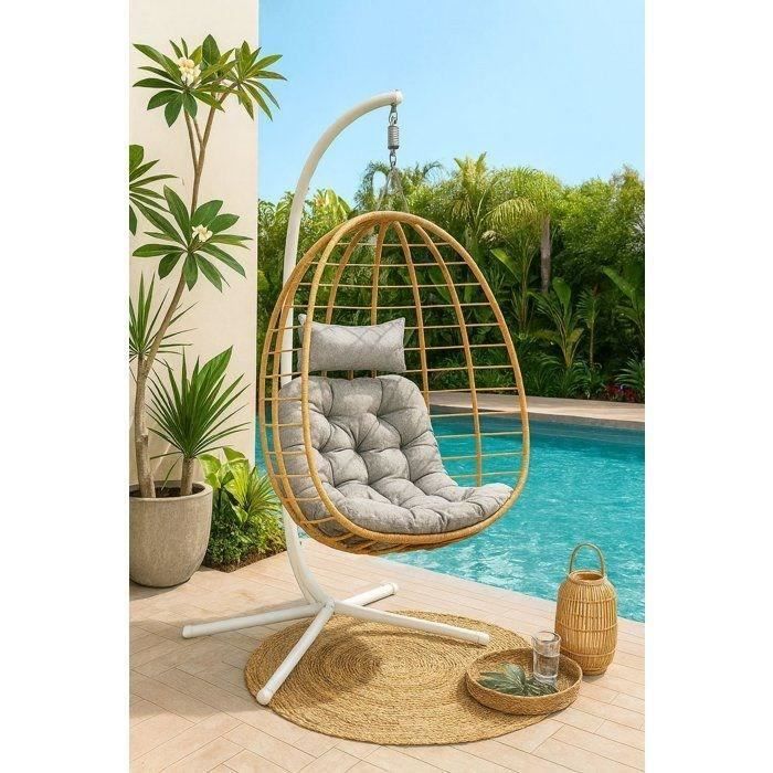 Poltrona sospesa a uovo - PALAVA - Struttura in acciaio - Intreccio in rattan sintetico - P95 x L98 x A200 cm