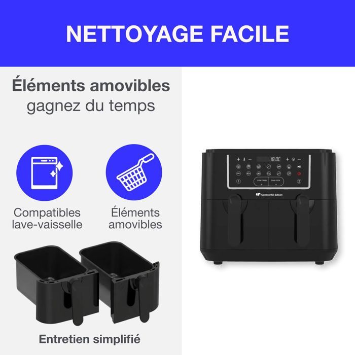 CONTINENTAL EDISON Friggitrice ad aria senza olio - RFRSH24002CB - 9 L - Doppi vassoi - 2400 W - Nero