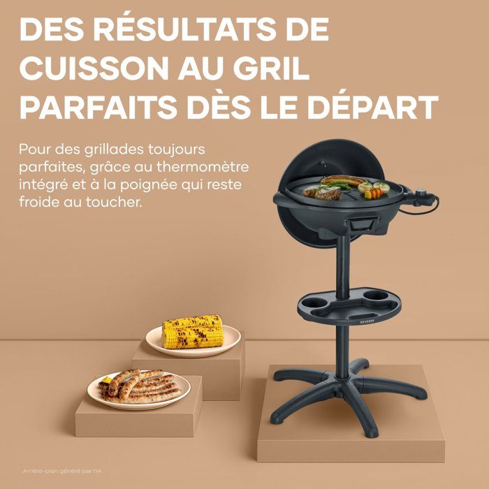 Barbecue elettrico con gambe - SEVERIN - PG8541 - 2000 W - Ampia superficie di cottura � 41 cm - Termostato regolabile - Nero opaco