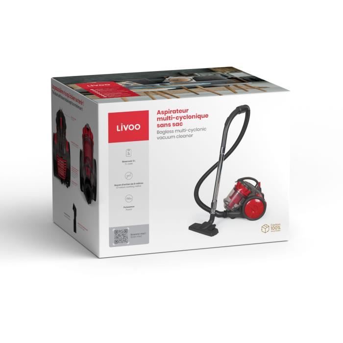 Aspirapolvere multiciclonico senza sacco - LIVOO - DOH136R - 700 W - 16 kPa - 78 dB - 3 L - Filtro lavabile - Rosso / Grigio