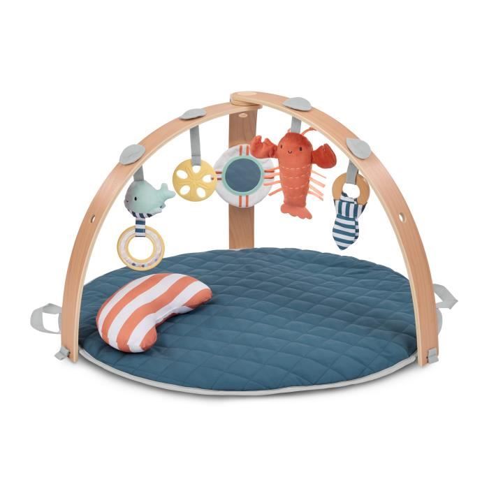 Tappetino da gioco reversibile per bambini INGENUITY - Blu marino - Arco da gioco in legno pieghevole e rimovibile, 5 giocattoli, specchio, cuscino