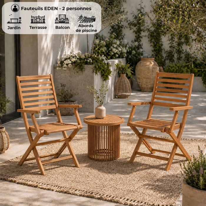 Set di 2 sedie da giardino pieghevoli in eucalipto FSC - 57,5x56x90cm