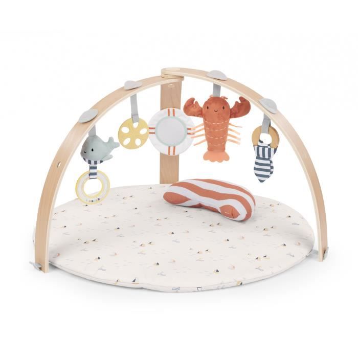 Tappetino da gioco reversibile per bambini INGENUITY - Blu marino - Arco da gioco in legno pieghevole e rimovibile, 5 giocattoli, specchio, cuscino