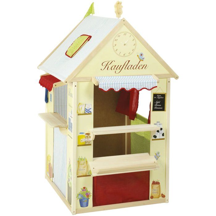 Casetta gioco 4 in 1 - ROBA - Legno - 4 lati: teatro delle marionette, negozio di alimentari, ufficio postale e banca - Giallo pastello/Verde