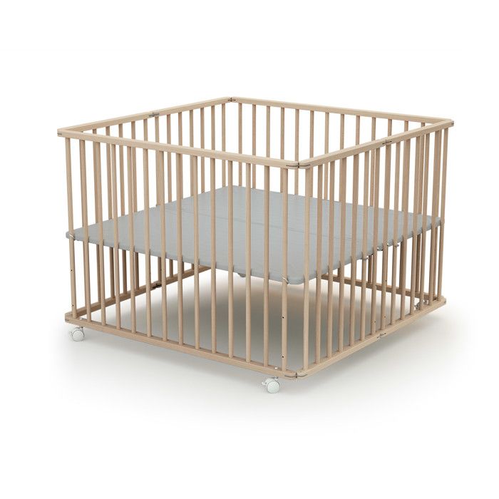 Box pieghevole quadrato - WEBABY - CALI - 100 x 100 cm - 4 ruote - Fino a 24 mesi - Faggio grezzo