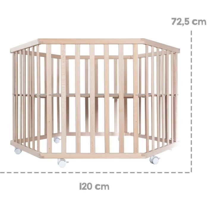 Recinto per bambini Hegaxonal - ROBA - LIEBHABEAR - Altezza regolabile - Base rimovibile - 6 ruote frenanti - Legno naturale - Motivo orsetto