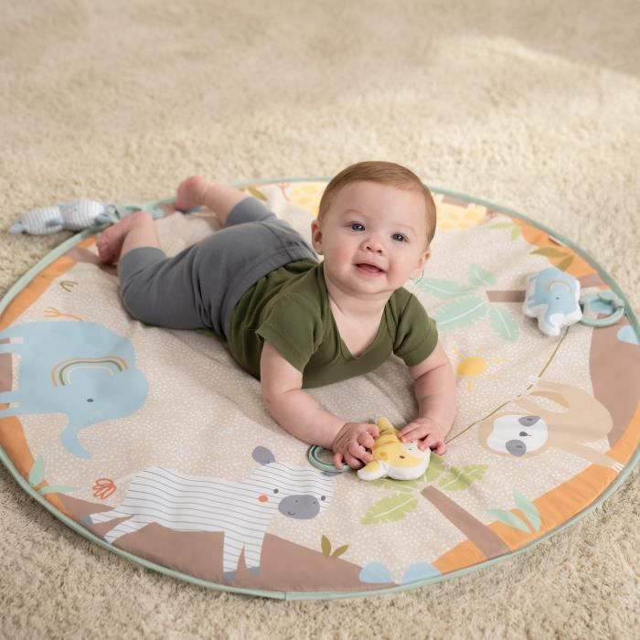 Alfombra de juego plegable para beb� INGENUITY WonderWood, redonda, con arco de madera, espejo y juguetes.