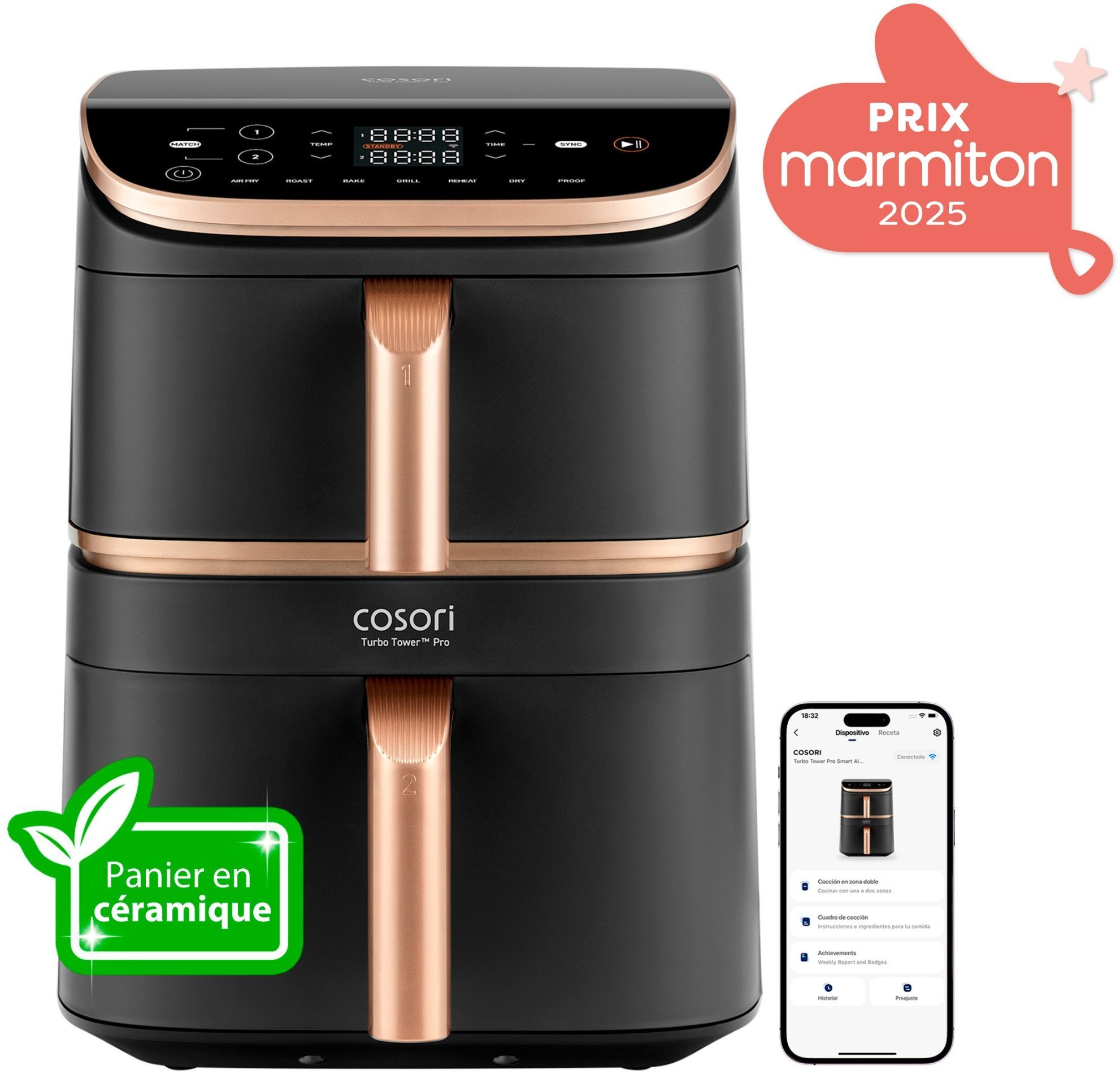 Friggitrice senza olio COSORI - Turbo Tower Pro Smart - Capacit� 10,8 l - 2 vasche - 7 programmi - 2630 W - Nero